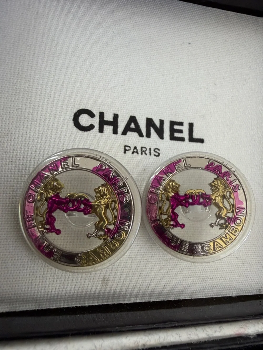 CHANEL Pink Gold Accent Round Logo Buttons - Pair
